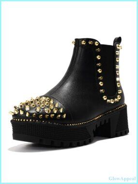 Spiky Platform Combat Boots with Gold Studs - Pull On